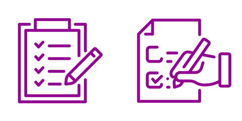 Purple Line Art: Checklist and Form Completion, Efficient Workflow, Business Process Icon Set.