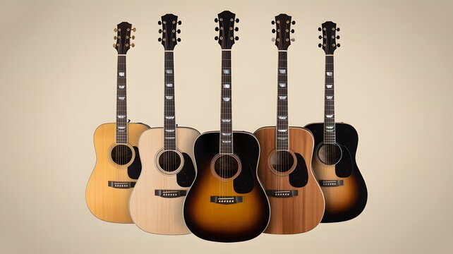 A lineup of five acoustic guitars showcasing various wood finishes and designs against a neutral background
