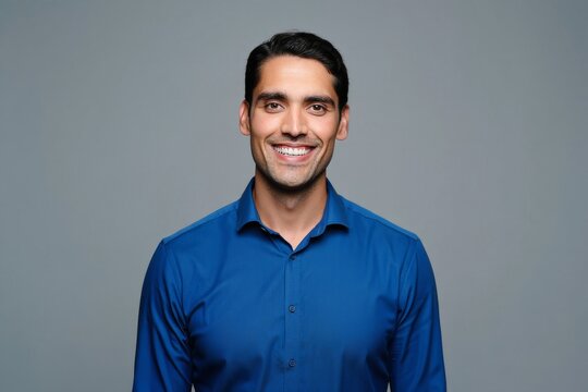 Professional headshot of smiling man in blue shirt for business profile and portfolio photos