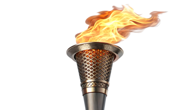 Golden olympic torch with bright flame for sports and celebration concepts on transparent background