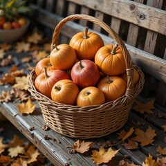 Cesta de calabazas y manzanas en otoño