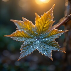 Hoja de vid con gotas de rocío al amanecer