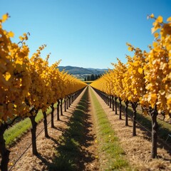 Viñedo en otoño con hojas doradas y cielo azul