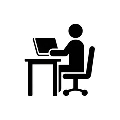 Office worker vector icon isolated on white background. Working place at the table with a laptop. Flat work computer icon