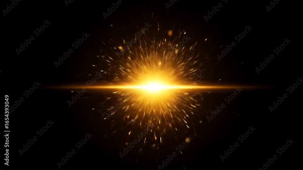 Poster golden sparks exploding with bright light on black background animation