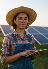 Young woman in straw hat and overalls using tablet amidst solar panels, demonstrating sustainable agriculture and renewable energy integration in farming