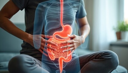 Person holds abdomen with glowing digestive system overlay, gastrointestinal health awareness. Focus on internal organs, digestion issues, wellness. Medical illustration for education on stomach,