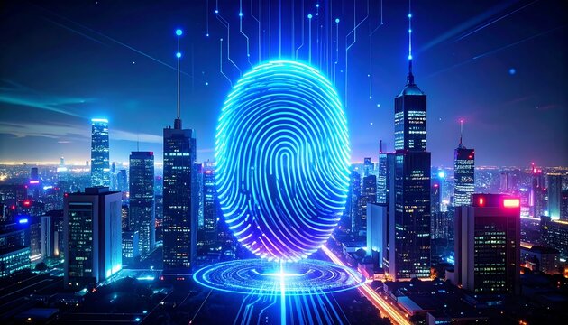 Futuristic fingerprint over illuminated cityscape