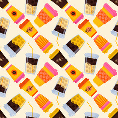 Obraz premium A lively, seamless pattern showcasing a group of disposable coffee cups with yellow elements. Geometric background design. Ideal for print, wallpaper, textiles, and wrapping paper. Hand-drawn vector