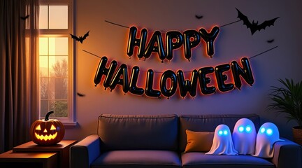 Festive halloween home interior with balloons, ghosts, and a glowing jack olantern