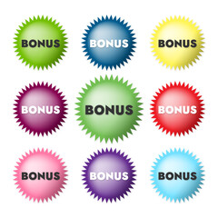 Set of colored vector flat objects with bonus text in different colors volumetric 3D object