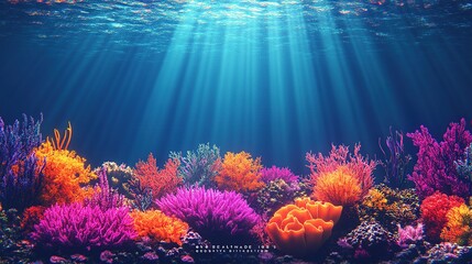 Fototapeta premium A vibrant illustration of an underwater coral reef teeming with marine life, but with no animals present.