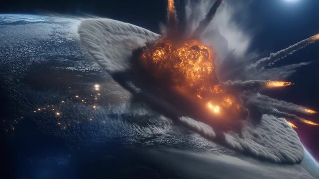 An asteroid collides with Earth in outer space with fire and impact visible. Concept of cosmic disaster and planetary destruction.