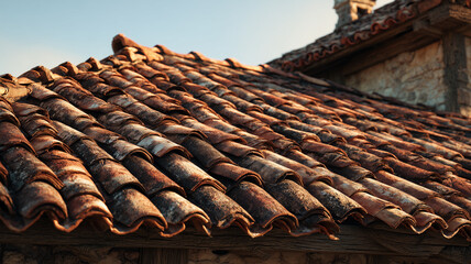 Old terracotta roof tiles close-up