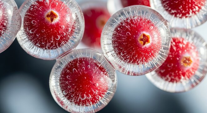 Frozen cranberries macro photography close up detail of ice and red berries winter food - Powered by Adobe