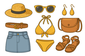 Womens summer fashion set with bikini, denim skirt, straw hat and accessories. Vector flat lay illustration for vacation, beach and travel outfit concepts. Casual style.