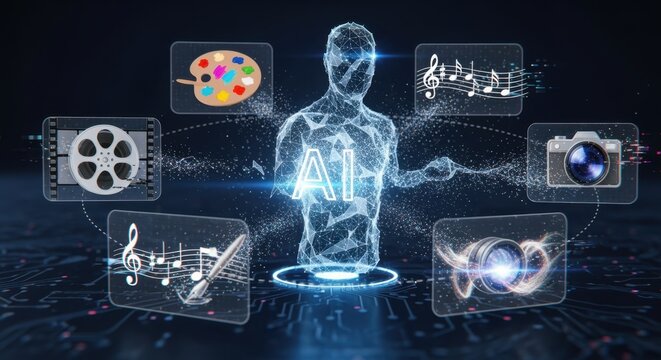 A futuristic artificial intelligence concept visualized as a sleek abstract digital entity analyzing and recreating various creative media representing the transformative power of