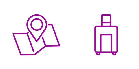 Purple Line Art Icons: Travel Destination Map and Suitcase, Minimalist Design