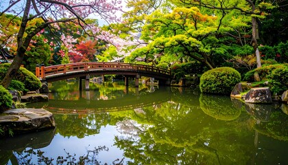 Tranquil Japanese garden with cherry blossoms