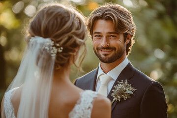 Smiling groom looks at his bride during wedding ceremony.