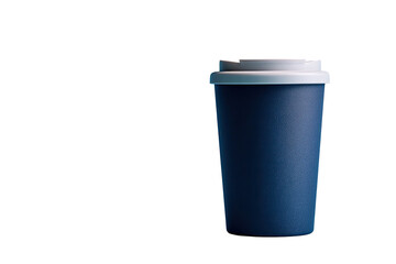 Solid navy blue reusable coffee cup with a white lid