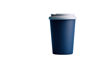Solid navy blue reusable coffee cup with a white lid
