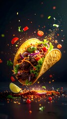 Freshly prepared taco with seasoned meat crispy colorful vegetables lime wedge and vibrant ingredients floating against dark background