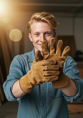 Confident young blonde man, wearing a blue denim shirt, smiles while meticulously putting on sturdy brown leather work gloves, ready to tackle a hands-on project