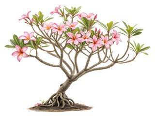 Beautiful desert rose adenium obesum flowering plant with intricate roots isolated on transparent background