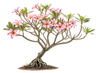 Beautiful desert rose adenium obesum flowering plant with intricate roots isolated on transparent background