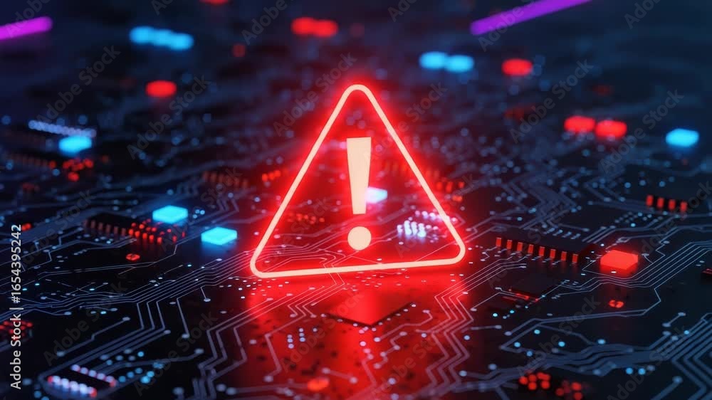 Poster a glowing red warning triangle with an exclamation mark hovers over a complex, illuminated circuit b