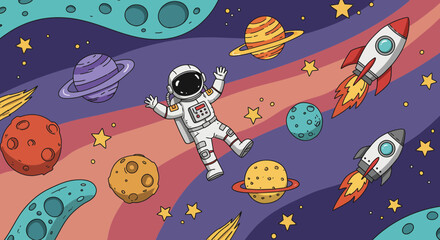 Astronaut and rockets in the cosmos, planets, stars and adventure background