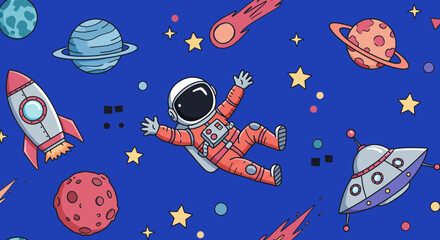 Colorful Outer Space Seamless Pattern with Astronauts, Planets, Rockets and Stars