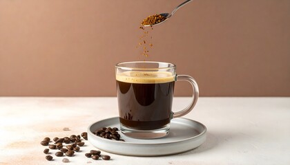 Spoonful of coffee crystals enhances dark coffee in a mug. Perfect for coffee product promotions, cafe menus, and beverage branding.