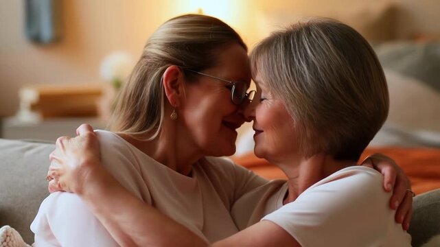 Two lesbian women kissing while sitting together. Concept of love and relationship.