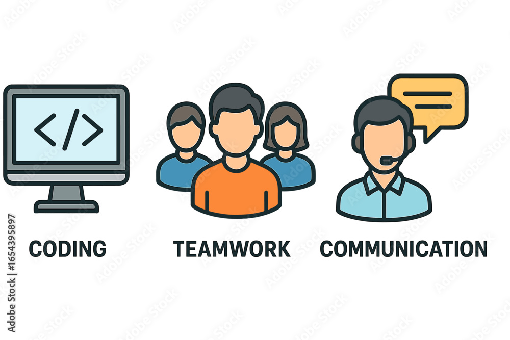 Fototapete set of business icons for coding, teamwork, and communication. concept of software development, digi