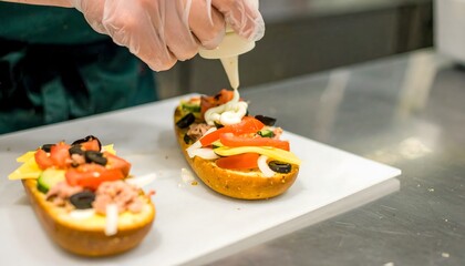Gloved hand adding sauce sliced sandwich vegetables. Suitable for food blogs, cooking websites, restaurant menus, and cooking tutorials.