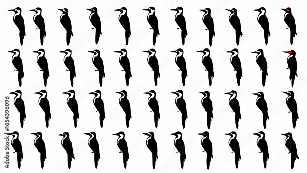 Poster silhouette pattern of woodpeckers in rows with some having red markings on their heads and eyes