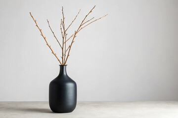 Minimalist black vase with dried branches on a neutral textured surface