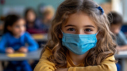 Close-up view of sweet young girl with long brown hair and blue surgical face mask, looking thoughtfully towards viewer while seated in bright classroom setting with blurred students behind her.