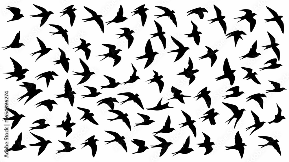 Poster silhouetted birds are flying in different directions creating a dynamic and visually interesting pat