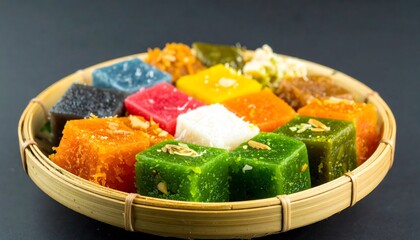 Plate of colorful burmese halawa sweets, suitable for food blogs, travel websites, or cultural publications showcasing ethnic delicacies.
