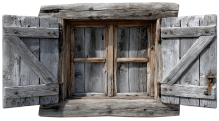 Rustic wooden window with open shutters