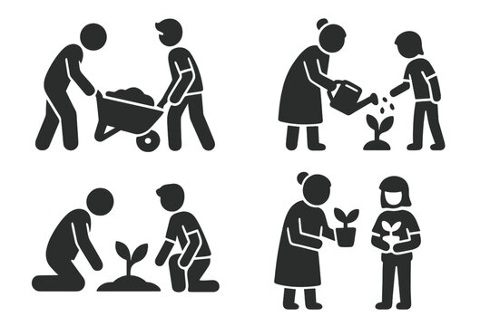 Intergenerational community gardening icon set. Seniors and youth collaborating on garden projects. Planting, watering, growing concepts. Vector pictograms with wheelbarrow.
