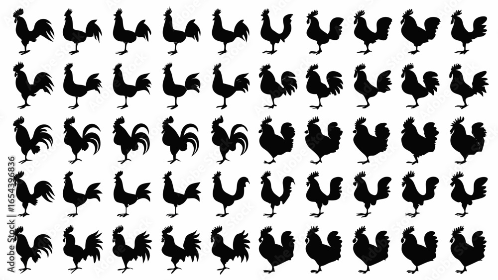 Poster silhouette pattern of roosters in various poses arranged in rows and columns on a white background