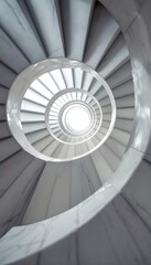 Obraz premium A hypnotic architectural view looking up a white marble spiral staircase towards a circle of light. A powerful metaphor for progress, a career journey, or spiritual growth. AI generated