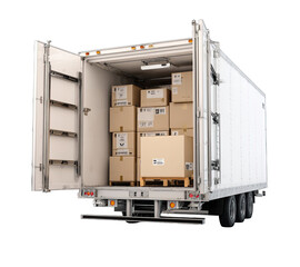 White refrigerated truck, open rear doors, stacked boxes