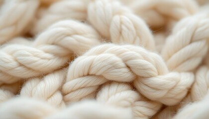 An extreme close-up macro shot of a chunky knit wool fabric. The focus is on the soft, cozy texture of the thick, cream-colored yarn. A warm and comfortable background concept. AI generated