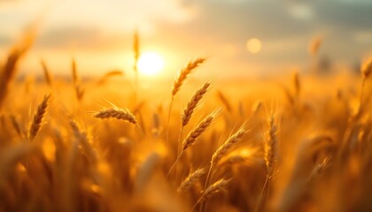 Fototapeta premium Close-up of golden ears of wheat in a field during sunset or sunrise. The sun is low on the horizon, its rays shining through the stalks to create a soft, golden glow and a bokeh effect. AI generated