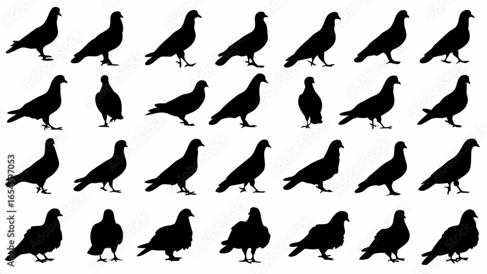 Poster silhouette depictions of pigeons arranged in a grid pattern against a white background image view